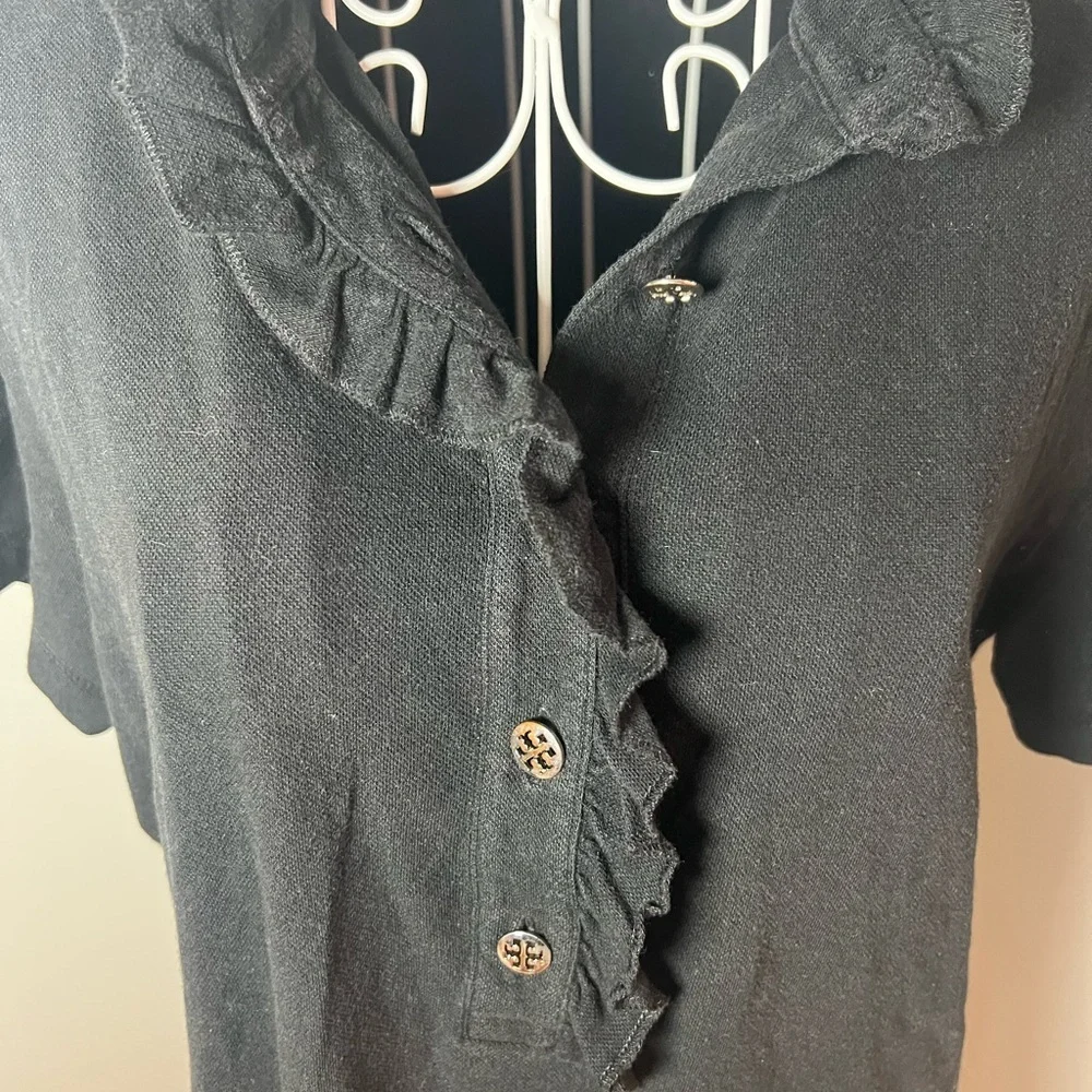Tory Burch Black Emily Ruffle Polo Size L Pima Cotton Old Money Quiet Luxury - Picture 2 of 5
